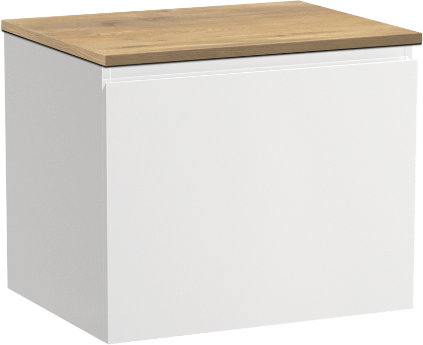 Linie Lado zwevend badmeubel 60 x 46 cm hoogglans wit met Lado enkel wastafelblad in melamine naturel eiken