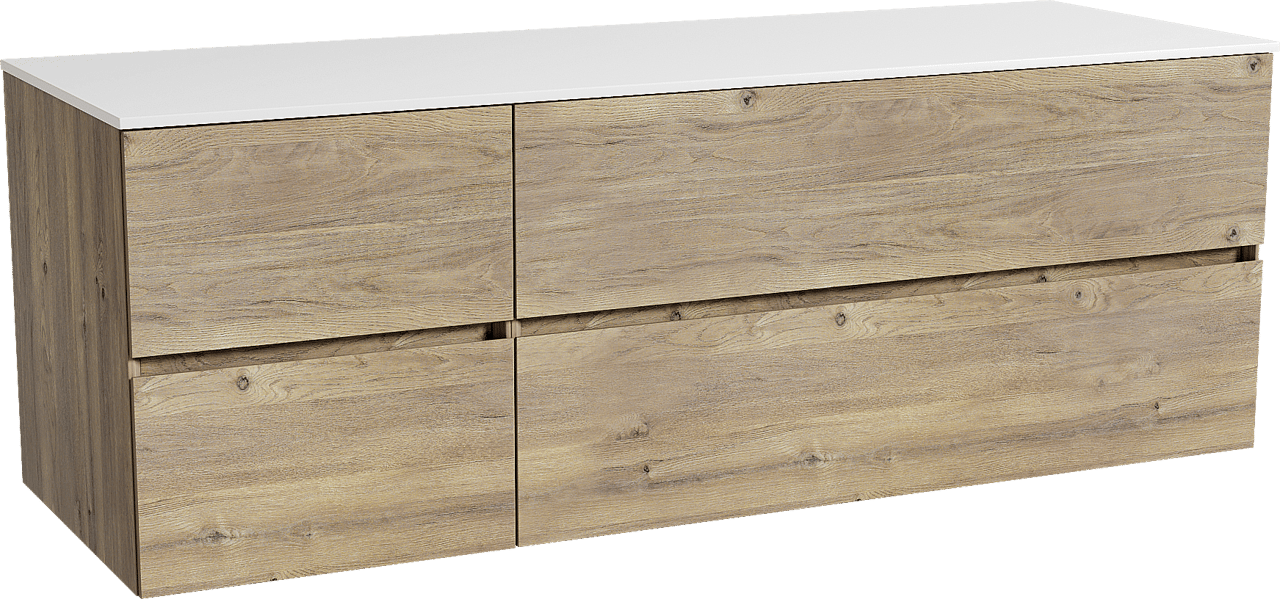 Storke Edge zwevend badmeubel 150 x 52 cm ruw eiken met Tavola enkel of dubbel wastafelblad in solid surface mat wit