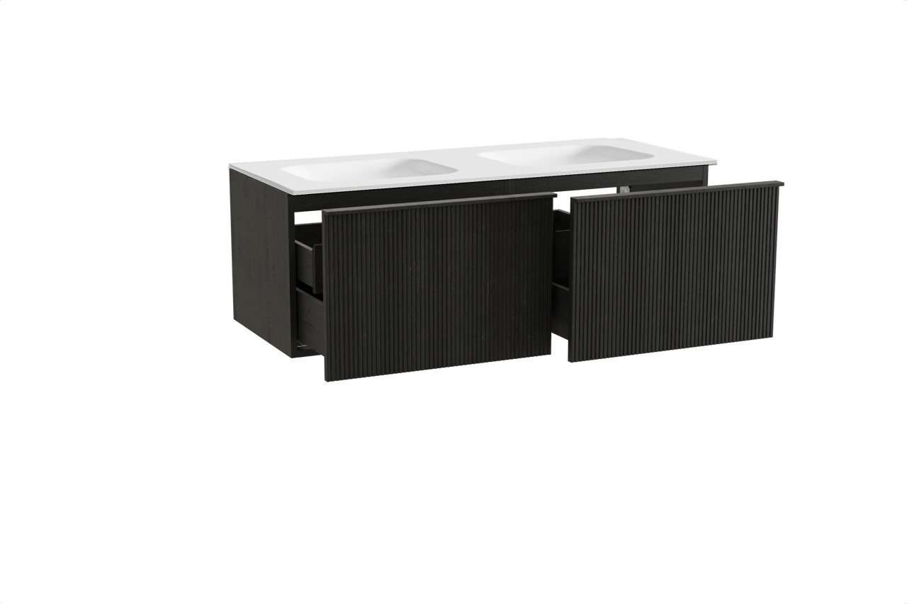 Balmani Forma zwevend badkamermeubel 135 x 55 cm zwarte eik met Tablo Arcato dubbele wastafel in solid surface mat wit, Verticale symmetrische rechte ribbel