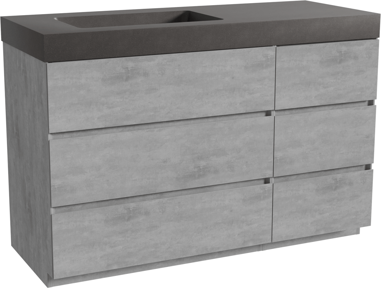 Storke Edge staand badkamermeubel 130 x 52 cm beton donkergrijs met Scuro High asymmetrisch linkse wastafel in kwarts mat zwart