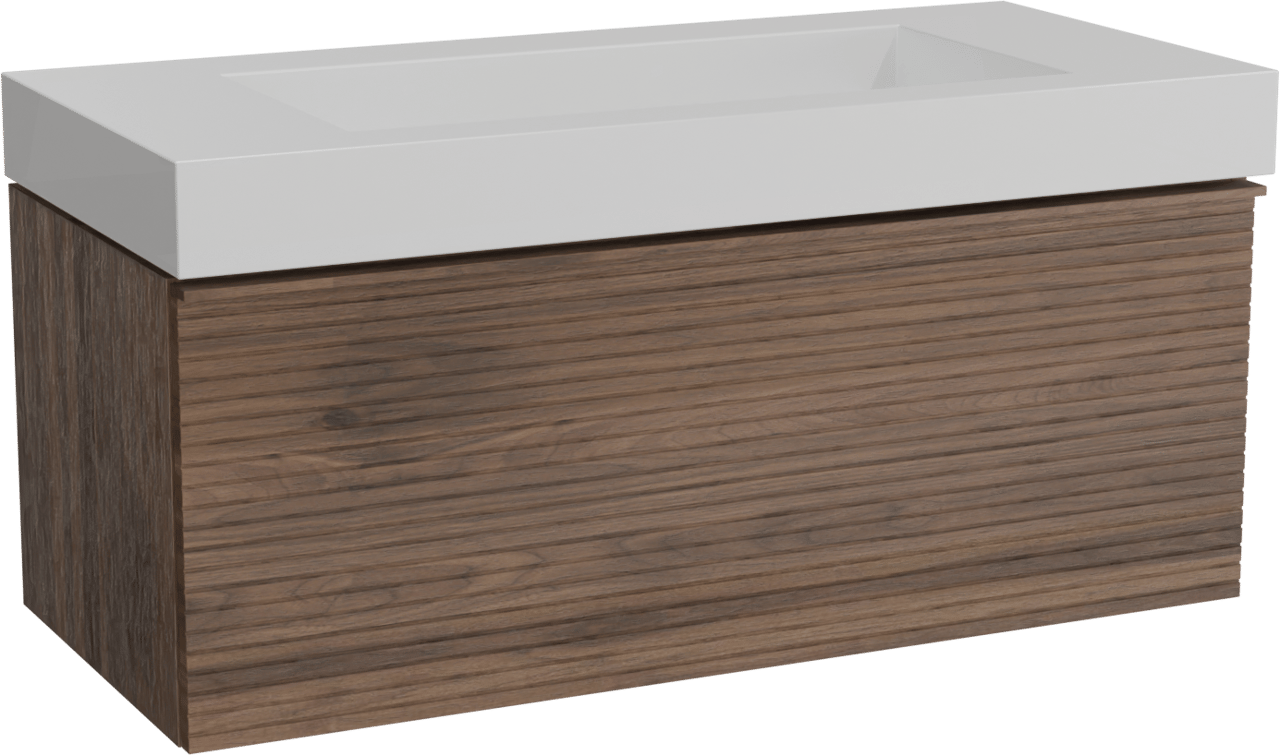 Balmani Forma zwevend badkamermeubel 120 x 55 cm amerikaanse notelaar met Modus enkele wastafel voor 2 kraangaten in solid surface mat wit, Horizontale symmetrische rechte ribbel
