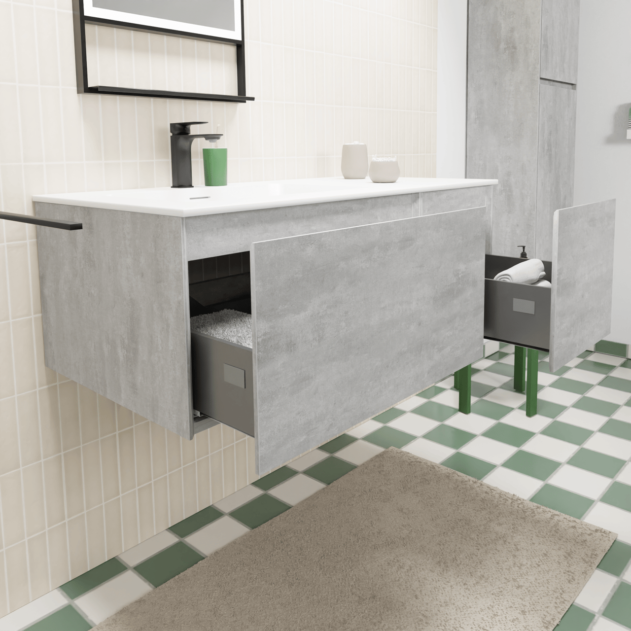 Storke Edge zwevend badkamermeubel 100 x 52 cm beton donkergrijs met Mata asymmetrisch linkse wastafel in solid surface mat wit