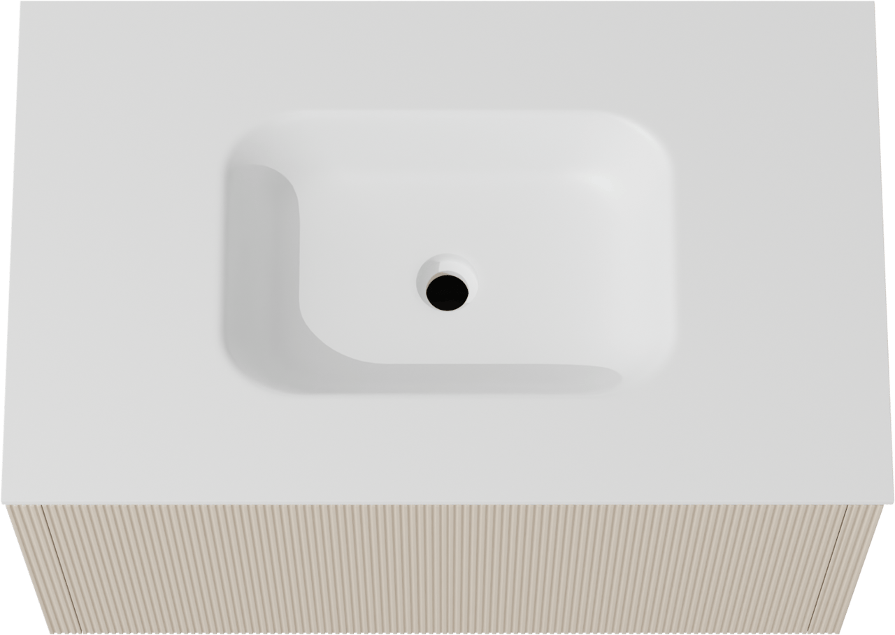Balmani Eclips zwevend badkamermeubel 90 x 55 cm Sandbeige met Tablo Arcato enkele wastafel in Solid Surface mat wit, Verticale symmetrische rechte ribbel