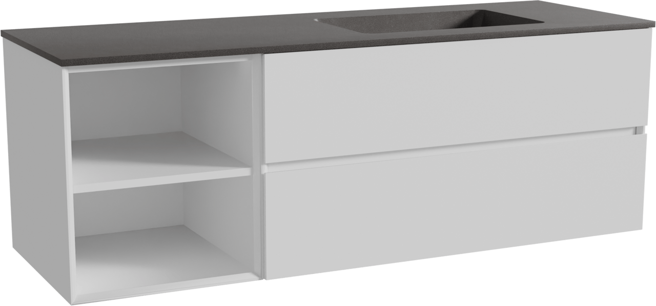Storke Edge zwevend badmeubel 150 x 52 cm mat wit met Scuro asymmetrisch rechtse wastafel in kwarts mat zwart