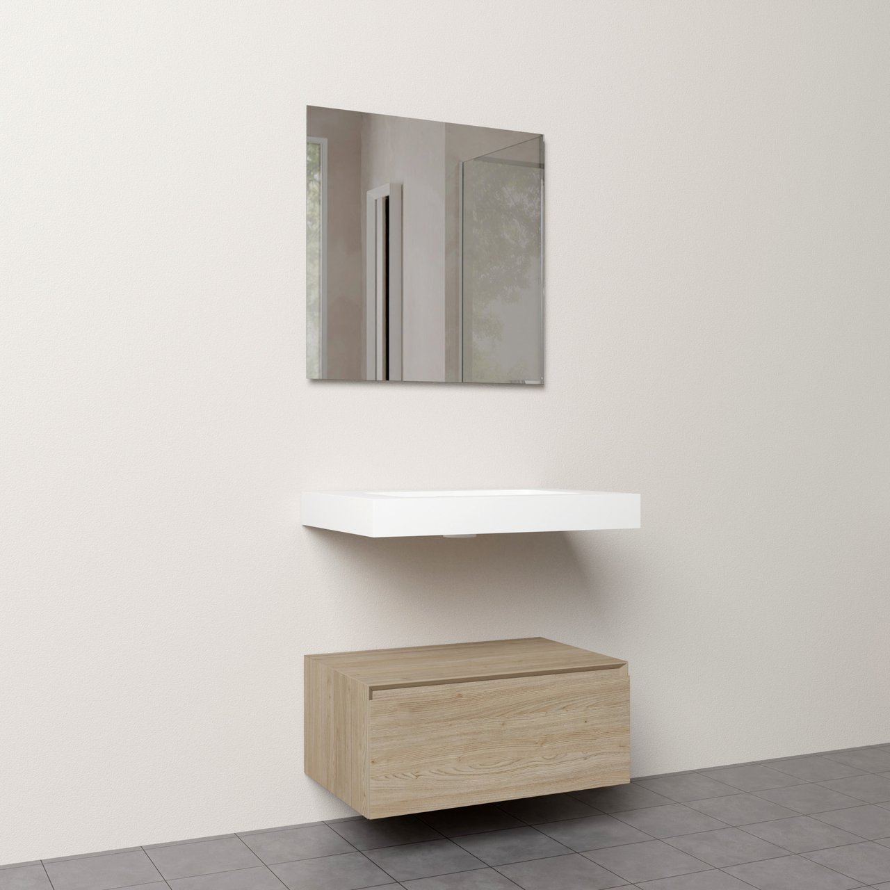 Storke Edge Modulo zwevend badkamermeubel 75 x 52 cm ruw eiken met Mata High enkele wastafel in solid surface mat wit en Soto badkamerspiegel