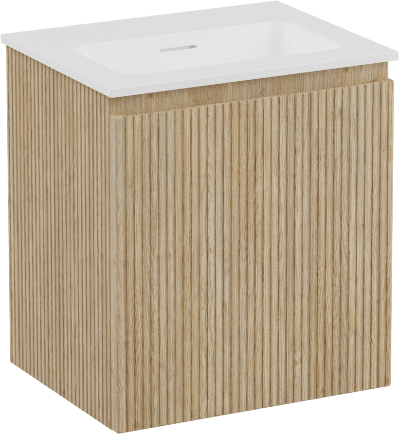 Storke Ribs zwevend badkamermeubel 45 x 35 cm ruwe eik met Mata enkele wastafel in solid surface mat wit, Verticale symmetrische rechte ribbel