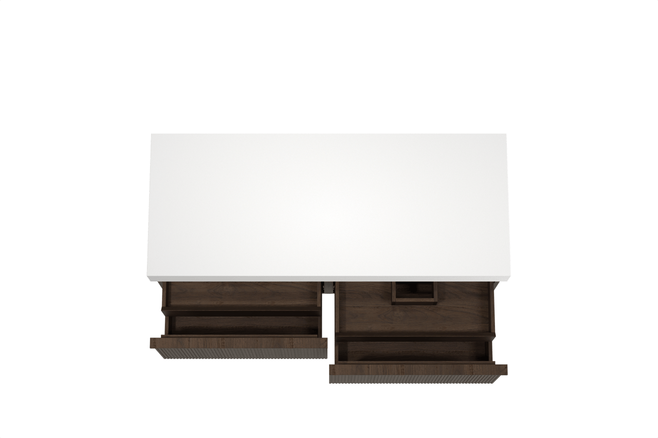 Balmani Forma zwevend badkamermeubel 135 x 55 cm gerookte eik met Dominus enkel of dubbel tablet in solid surface mat wit, Verticale symmetrische rechte ribbel