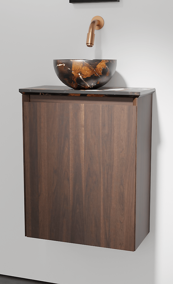 Balmani Mitra meuble wc suspendu 42 x 21 cm noyer américain avec Facetta tablette et Bari XS vaque à poser en marbre Portoro Gold