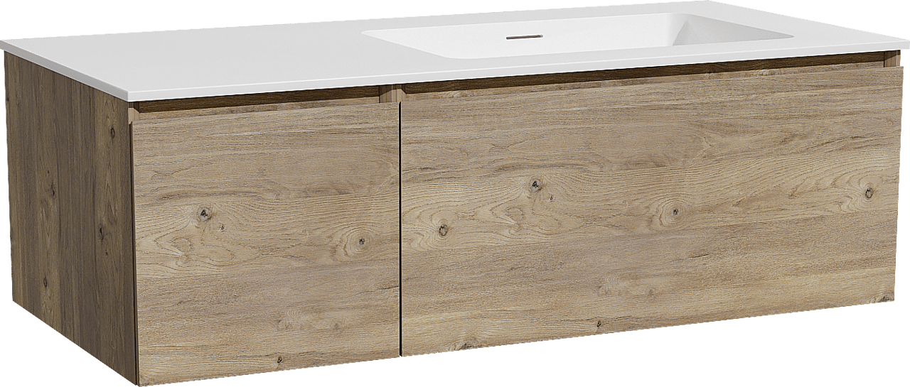 Storke Edge zwevend badmeubel 110 x 52 cm ruw eiken met Mata asymmetrisch rechtse wastafel in solid surface mat wit