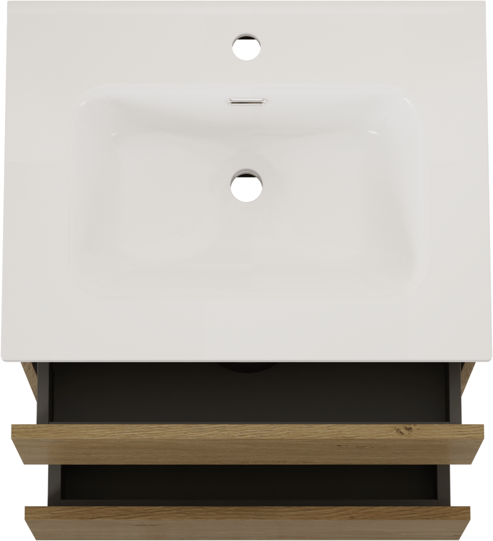 SanyOne Eli meuble salle de bains à assembler suspendu 60 x 46 cm chêne avec Baro plan simple en porcelaine blanc brillant
