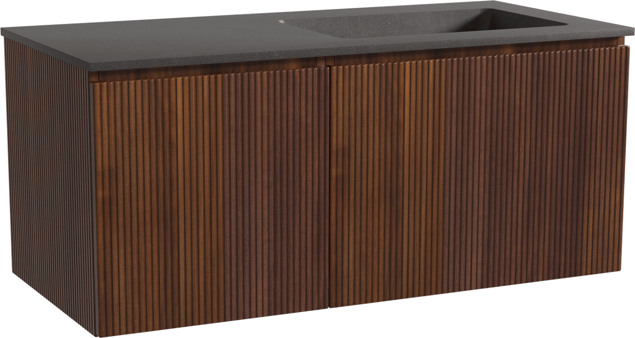 Storke Ribs zwevend badkamermeubel 110 x 52 cm notelaar met Scuro asymmetrisch rechtse wastafel in kwarts mat zwart, Verticale symmetrische rechte ribbel