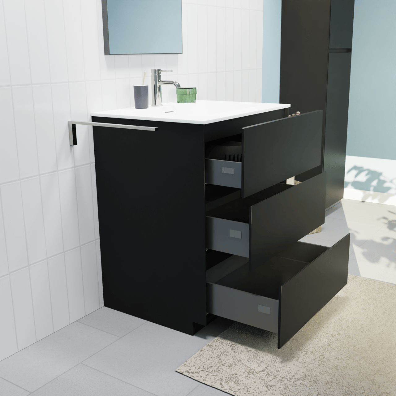 Storke Edge meuble salle de bains à poser 65 x 52 cm noir mat avec Mata plan simple en solid surface blanc mat