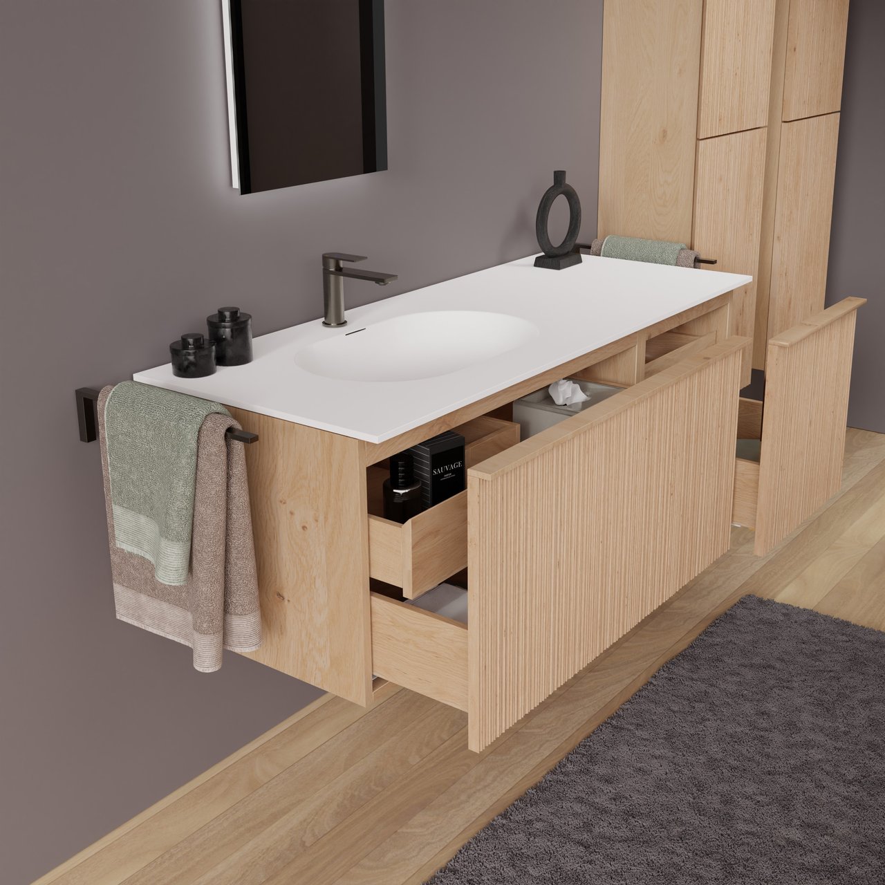 Balmani Forma hängendes Möbelstück Set: 135 x 55 cm, Naturbelassene Eiche, mit Tablo Oval Waschtisch links, Solid Surface, Weiß matt, Vertikale asymmetrische Runde Rippe