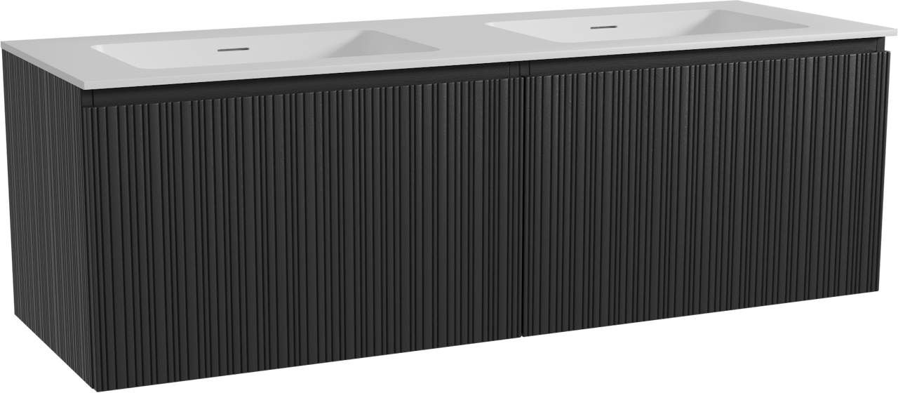 Storke Ribs zwevend badmeubel 150 x 52 cm zwart eiken met Mata dubbele wastafel in solid surface mat wit, Verticale asymmetrische rechte ribbel