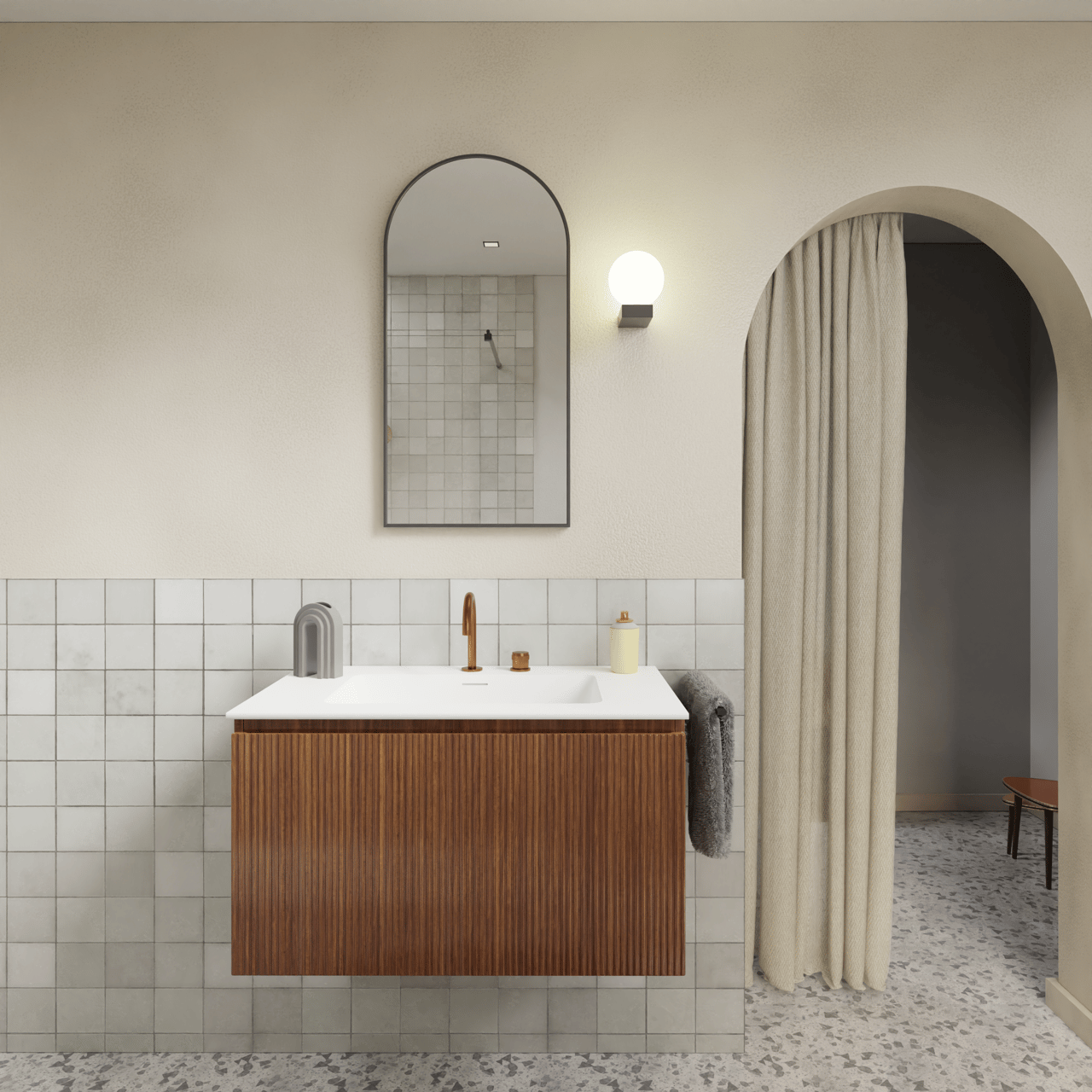 Storke Ribs zwevende wastafelonderkast 85 x 52 cm notelaar 2 lades