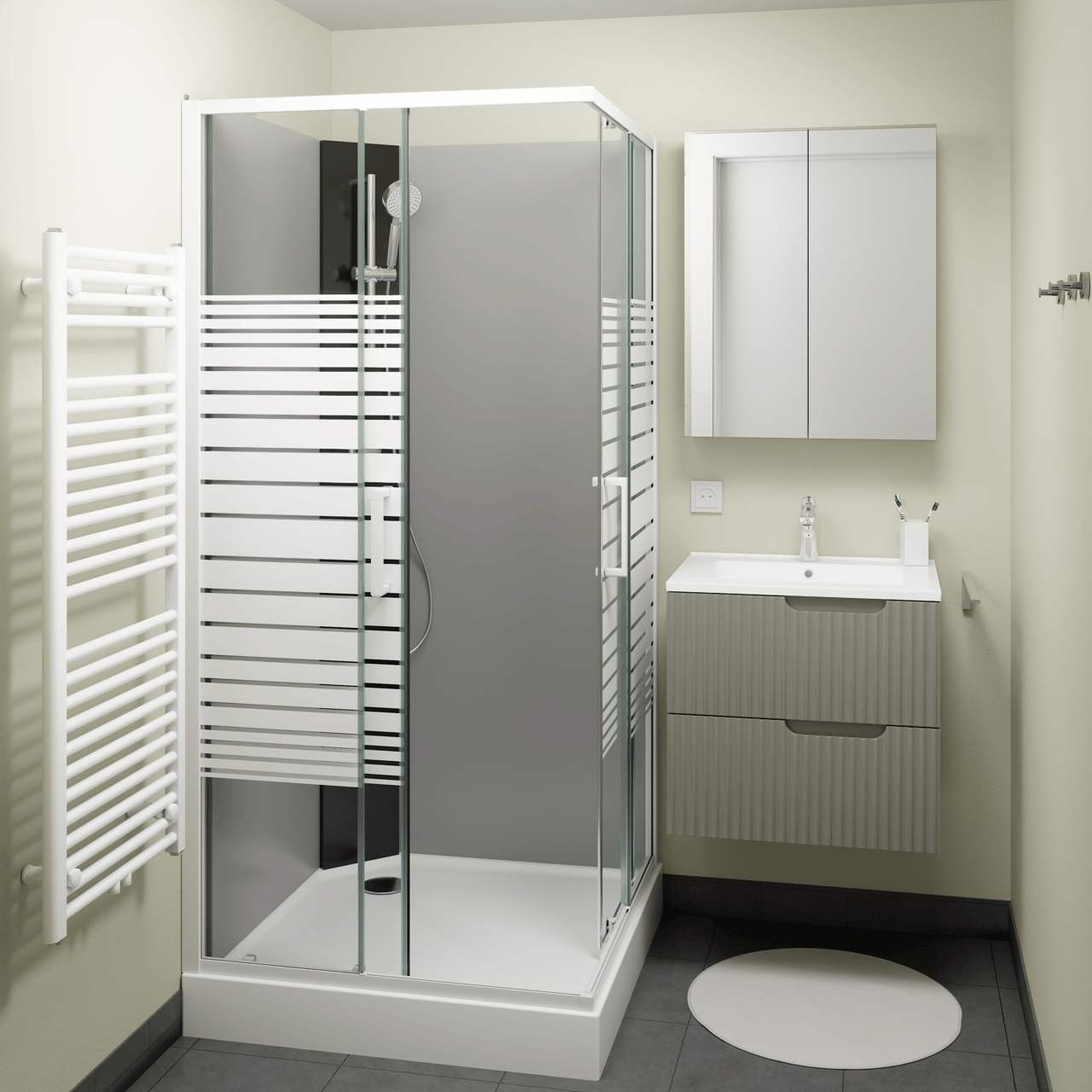 SanyOne Armin cabine de douche avec portes coulissantes 90 x 90 cm verre transparent avec motif blanc profil blanc avec robinet