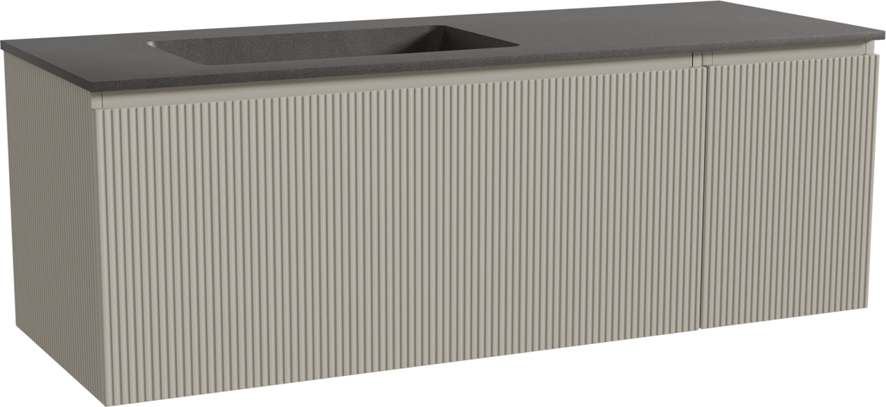 Storke Ribs zwevend badmeubel 140 x 52 cm zijdegrijs met Scuro asymmetrisch linkse wastafel in kwarts mat zwart, Verticale symmetrische rechte ribbel