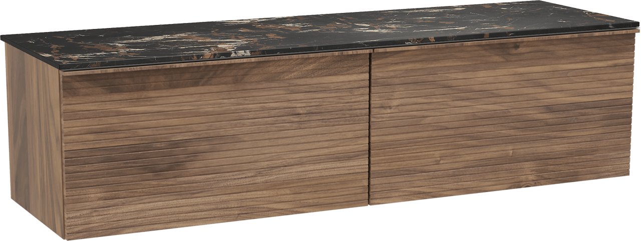 Balmani Forma zwevend badmeubel 180 x 55 cm amerikaans notenhout met Stretto enkel of dubbel wastafelblad in marmer portoro gold, Horizontale symmetrische rechte ribbel