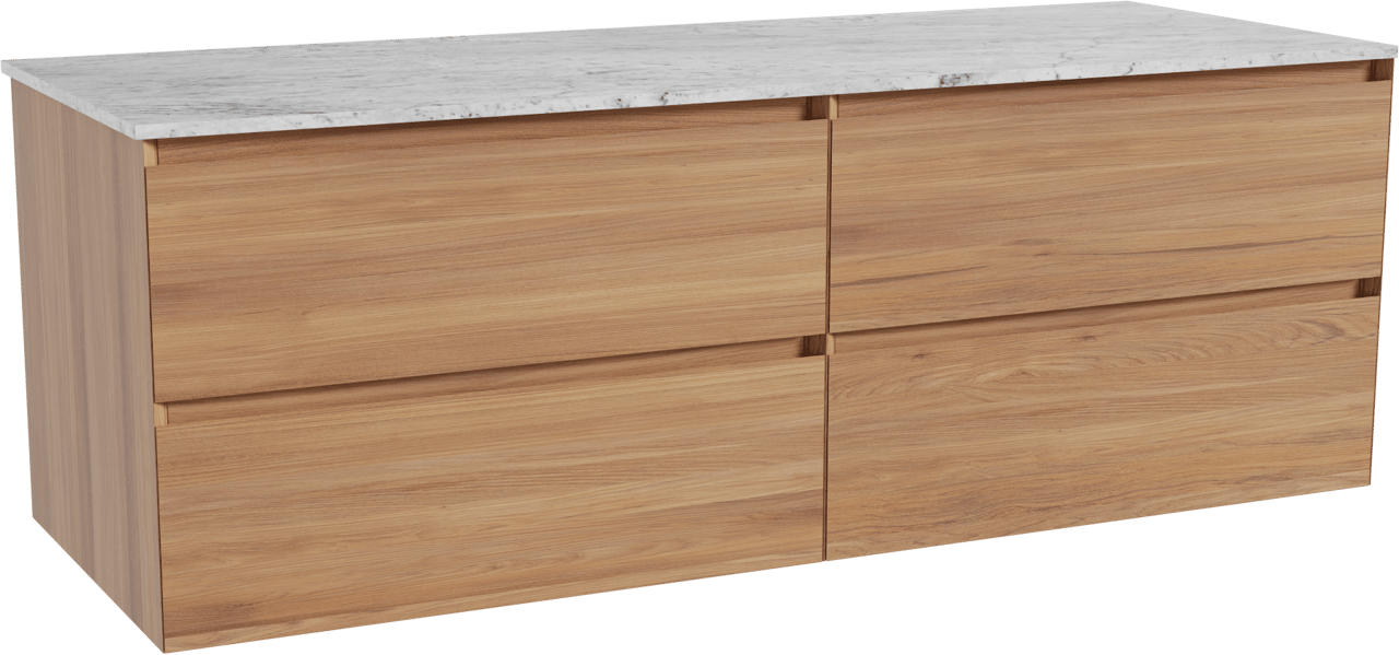 Balmani Mitra hängendes Möbelstück Set: 150 x 55 cm, Teak, mit Stretto Einzel- oder Doppel Waschtischplatte, Marmor Carrara