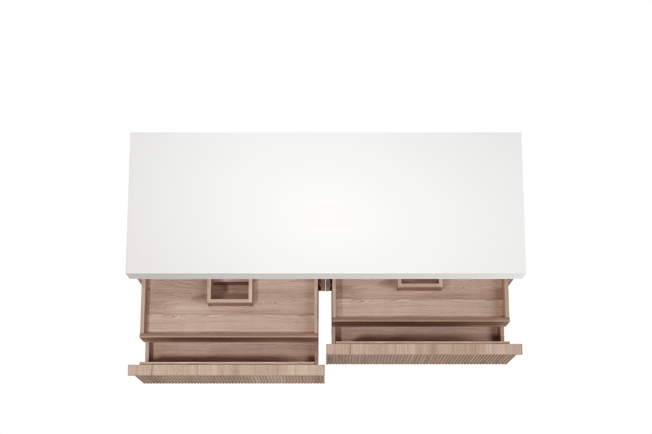 Balmani Forma zwevend badkamermeubel 150 x 55 cm teak met Dominus enkel of dubbel tablet in solid surface mat wit, Verticale symmetrische rechte ribbel