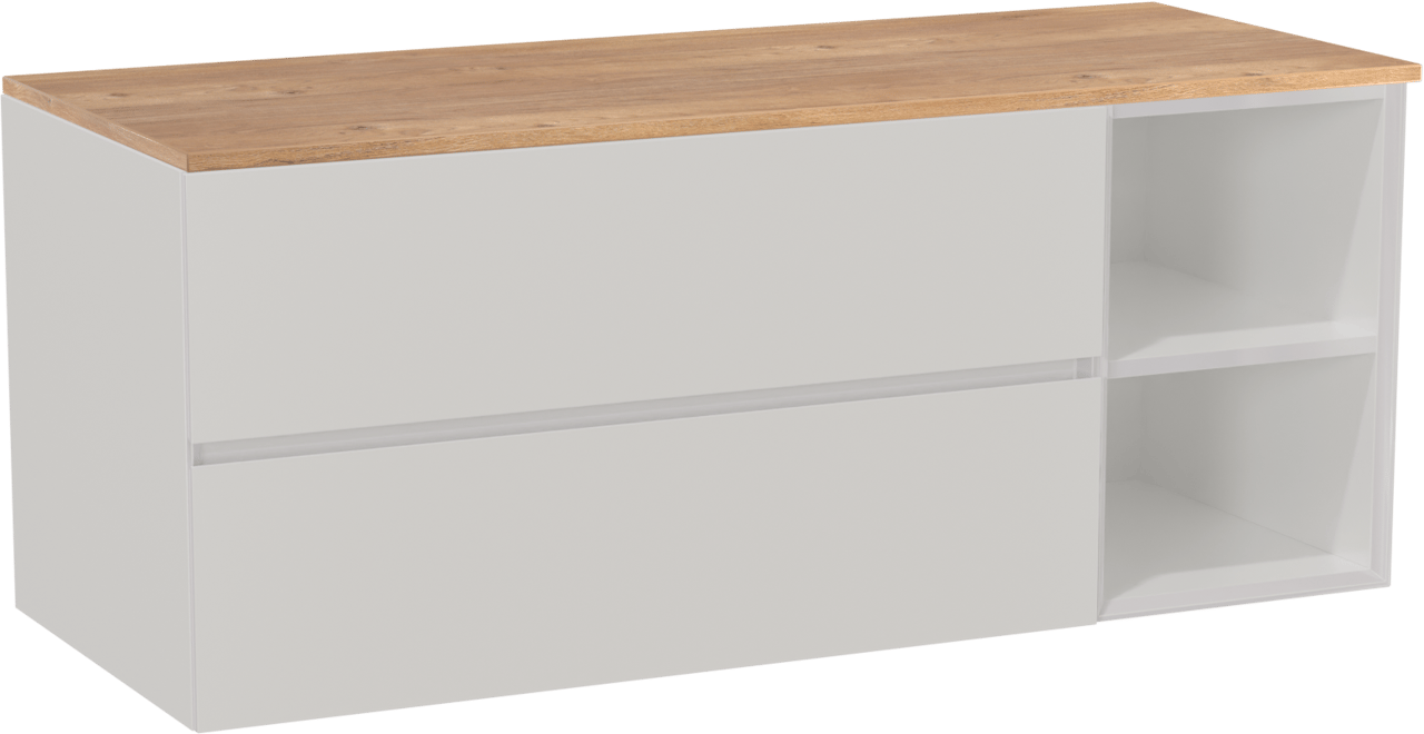 Storke Edge zwevend badkamermeubel 130 x 52 cm glanzend wit met Panton enkel of dubbel tablet in melamine ruwe eik