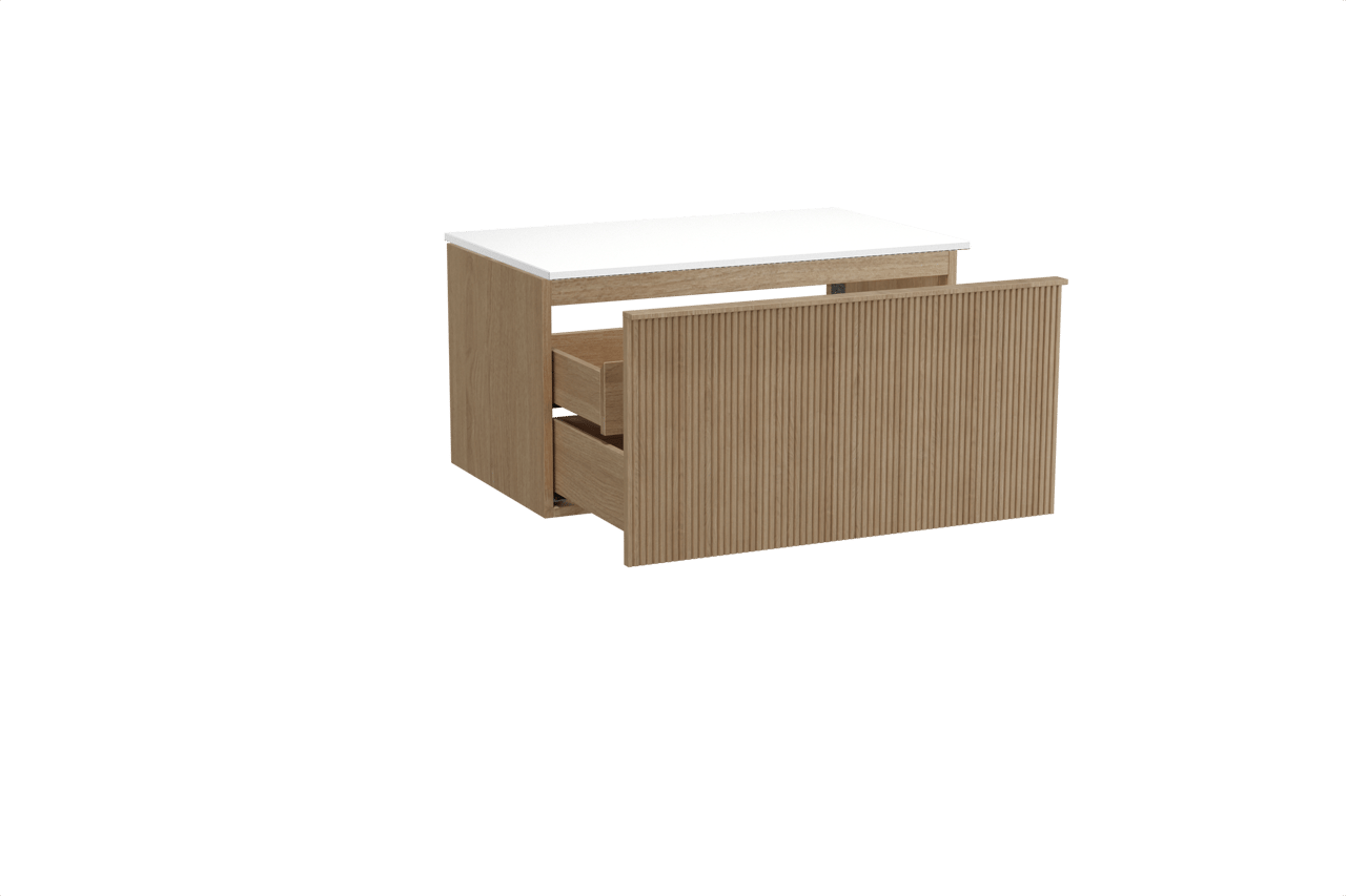 Balmani Forma hängendes Möbelstück Set: 90 x 55 cm, Naturbelassene Eiche, mit Stretto Einzel Waschtischplatte, Solid Surface, Weiß matt, Vertikale symmetrische gerade Rippe
