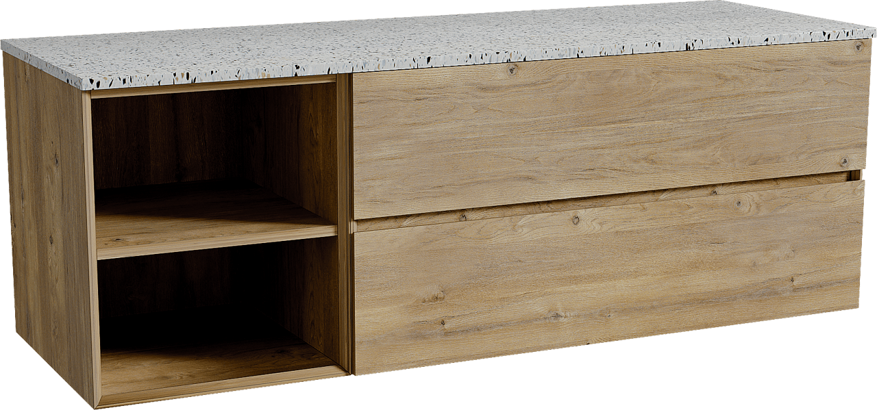 Storke Edge hängendes Möbelstück Set: 150 x 52 cm, Rohe Eiche, mit Tavola Einzel- oder Doppel Waschtischplatte, Terrazzo in Weiß/Schwarz matt
