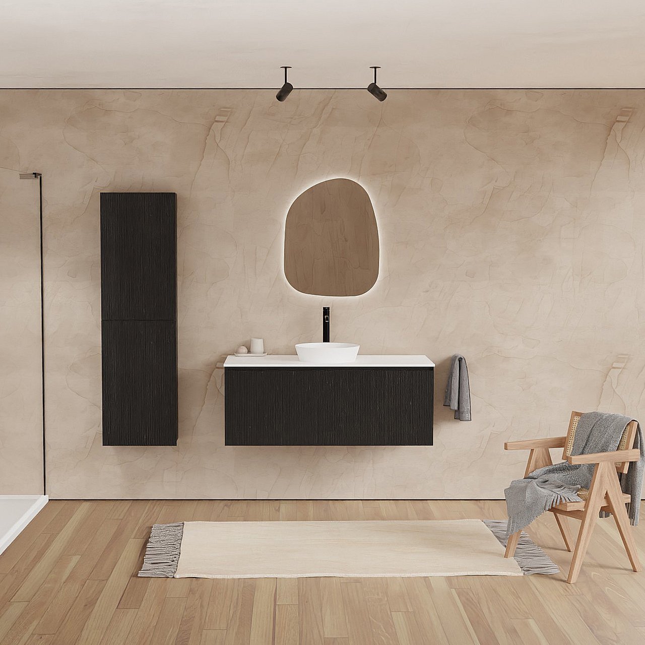 Balmani Fila by Mitra hängendes Möbelstück Set: 120 x 55 cm, Schwarze Eiche, mit Stretto Einzel- oder Doppel Waschtischplatte, Solid Surface, Weiß matt, Vertikale symmetrische gerade Rippe