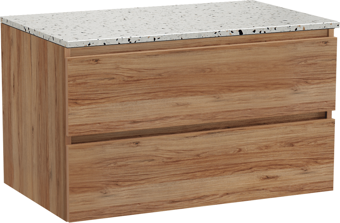 Balmani Lucida hängendes Möbelstück Set: 90 x 55 cm, Teak, mit Stretto Einzel Waschtischplatte, Terrazzo in Weiß/Schwarz matt
