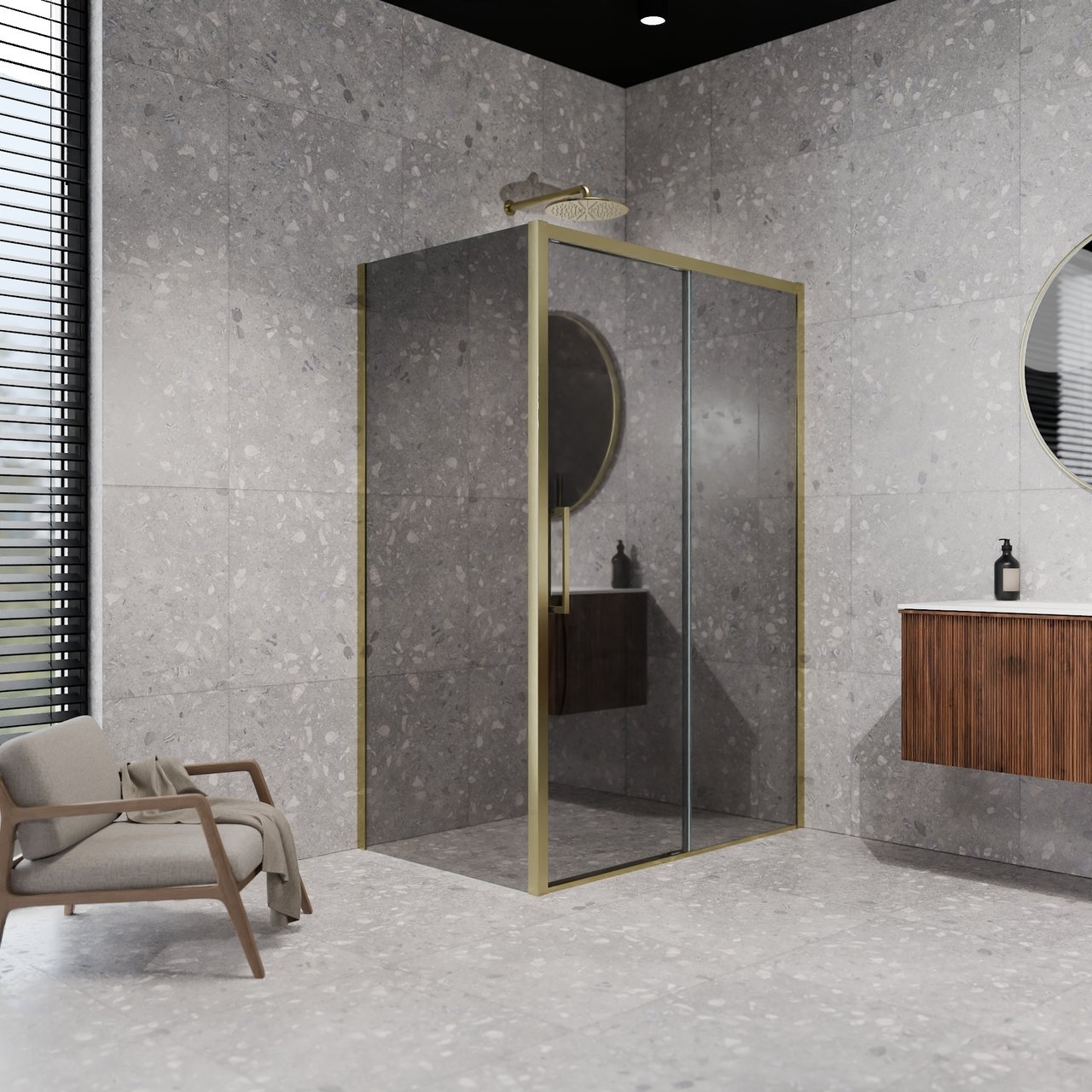 Balmani Senses Design douche en coin avec porte coulissante à droite et paroi latérale fixe, 140 x 80 cm, Miroir Reflex, Profil Brushed Champagne Gold