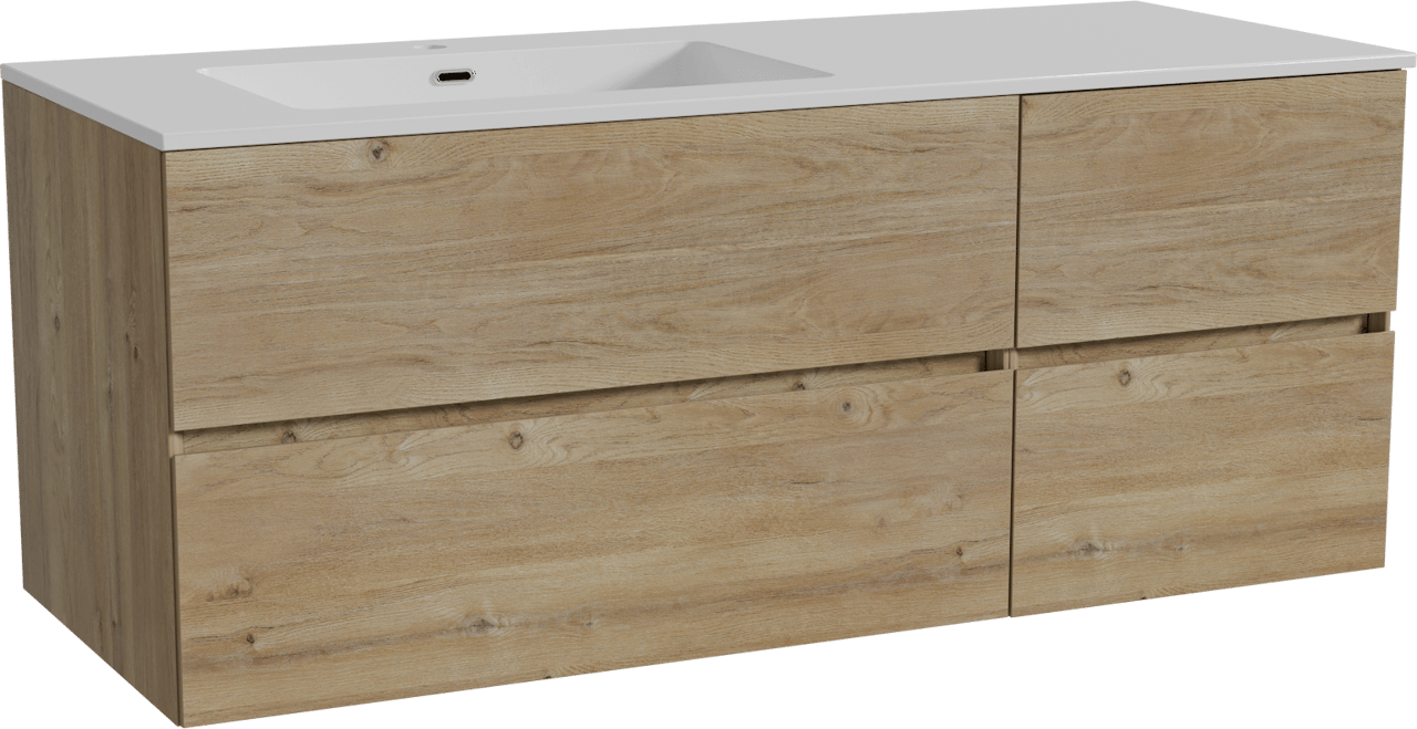 Storke Edge zwevend badmeubel 130 x 52 cm ruw eiken met Diva asymmetrisch linkse wastafel in composietmarmer hoogglans wit