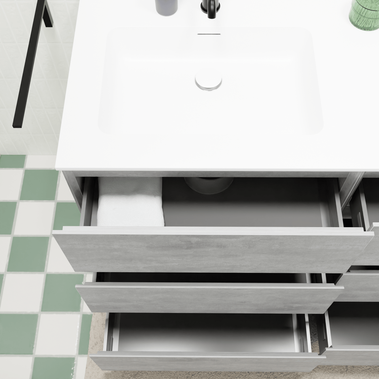 Storke Edge staand badkamermeubel 150 x 52 cm beton donkergrijs met Mata asymmetrisch linkse wastafel in solid surface mat wit