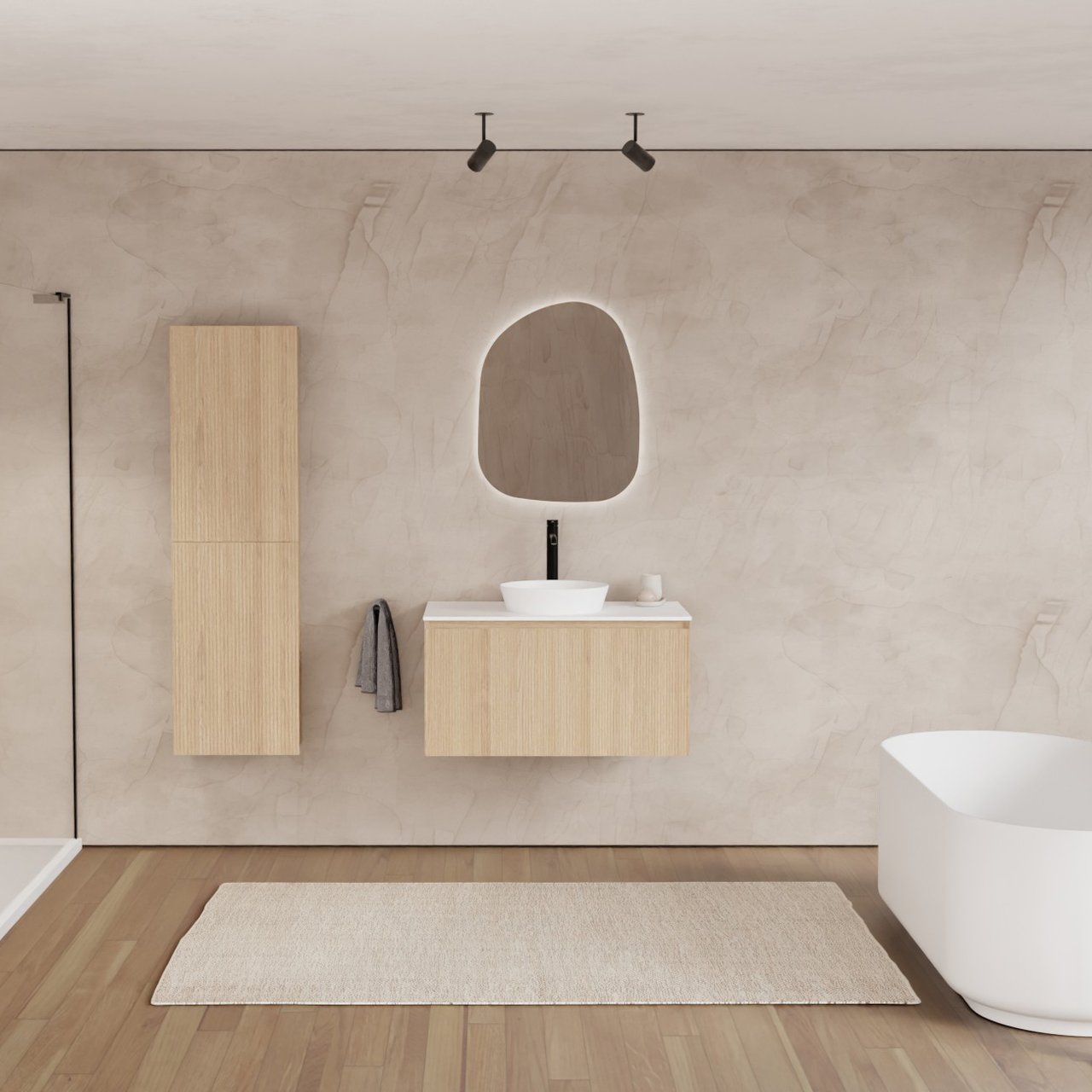 Balmani Fila by Mitra meuble salle de bains suspendu 90 x 55 cm chêne naturel avec Stretto tablette simple en solid surface blanc mat, Nervure droite symétrique verticale
