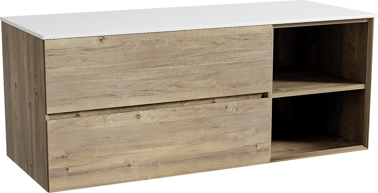 Storke Edge zwevend badmeubel 130 x 52 cm ruw eiken met Tavola enkel of dubbel wastafelblad in solid surface mat wit