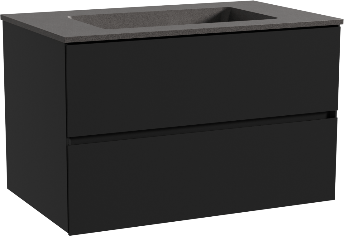 Storke Edge zwevend badkamermeubel 85 x 52 cm mat zwart met Scuro enkele wastafel in kwarts mat zwart