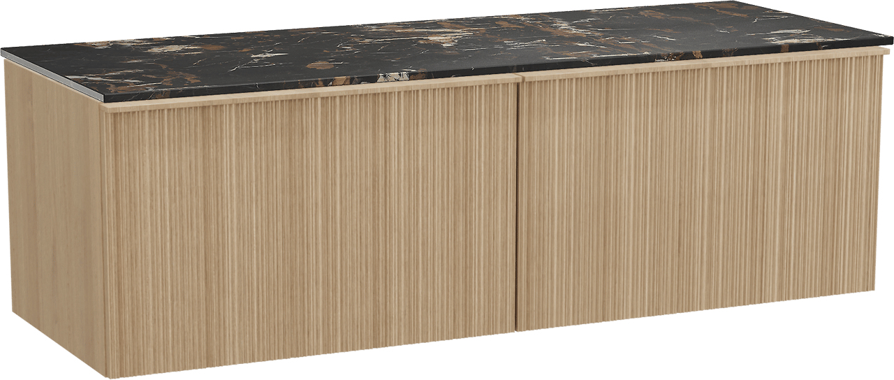Balmani Forma zwevend badkamermeubel 150 x 55 cm natuur eik met Stretto enkel of dubbel tablet in marmer portoro gold, Verticale asymmetrische ronde ribbel
