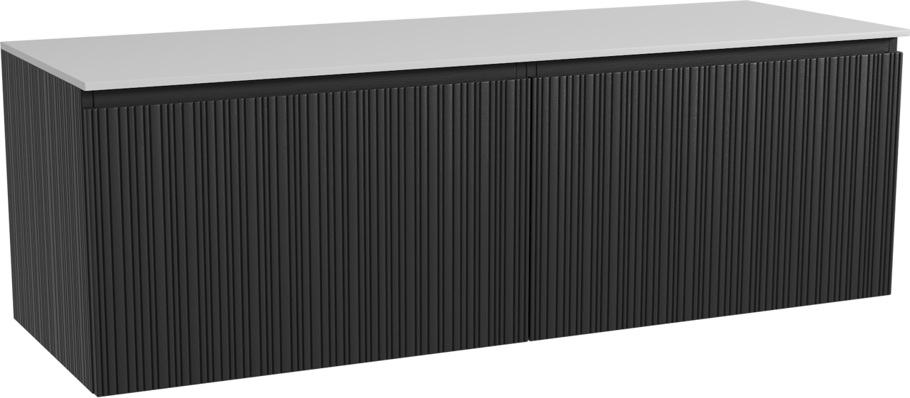 Storke Ribs zwevend badkamermeubel 150 x 52 cm zwarte eik met Tavola enkel of dubbel tablet in solid surface mat wit, Verticale asymmetrische rechte ribbel