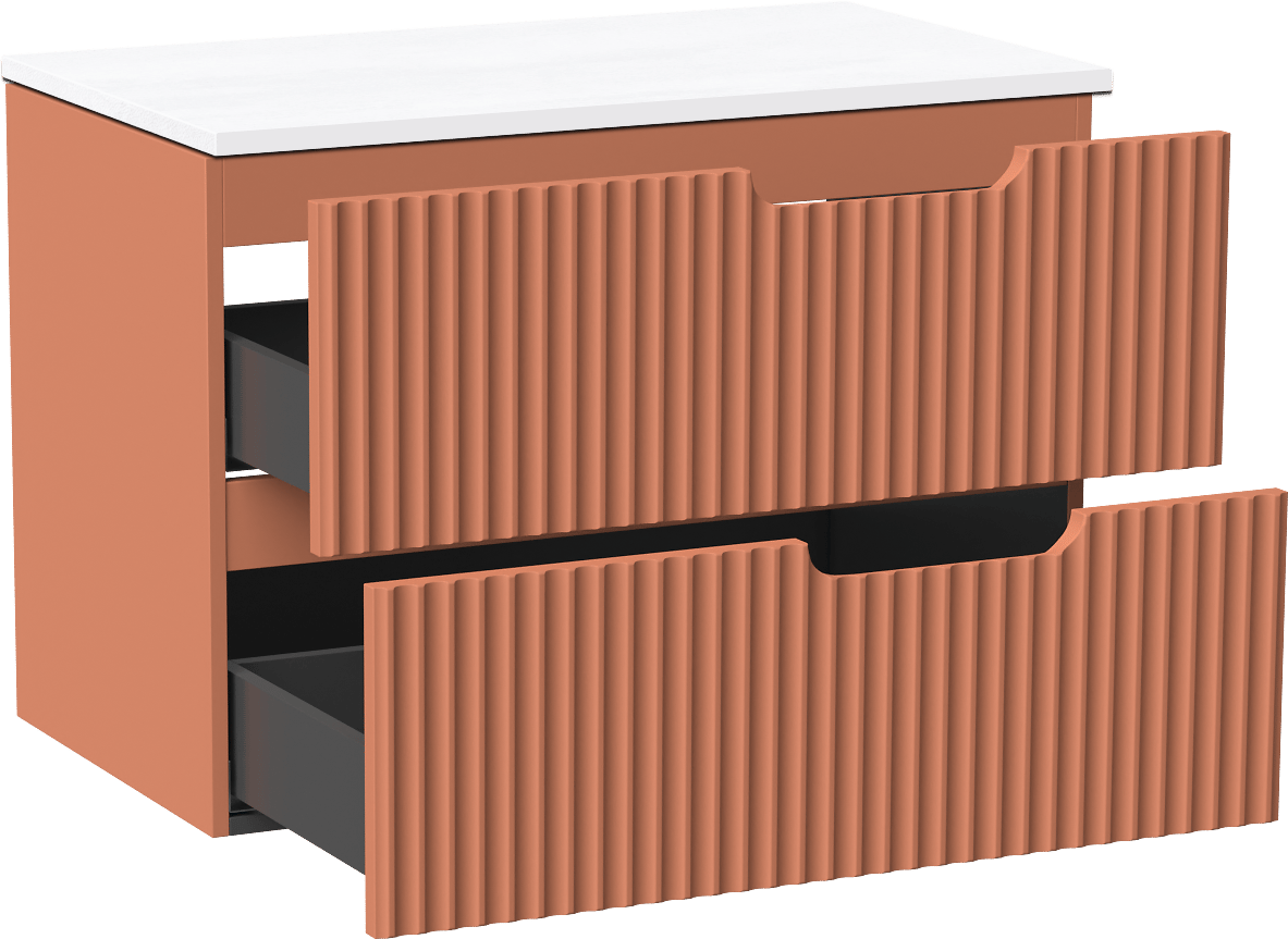 Linie Ribbo zwevend badkamermeubel 80 x 46 cm cotto met Lado enkel tablet in composietmarmer glanzend wit, Verticale symmetrische ronde ribbel
