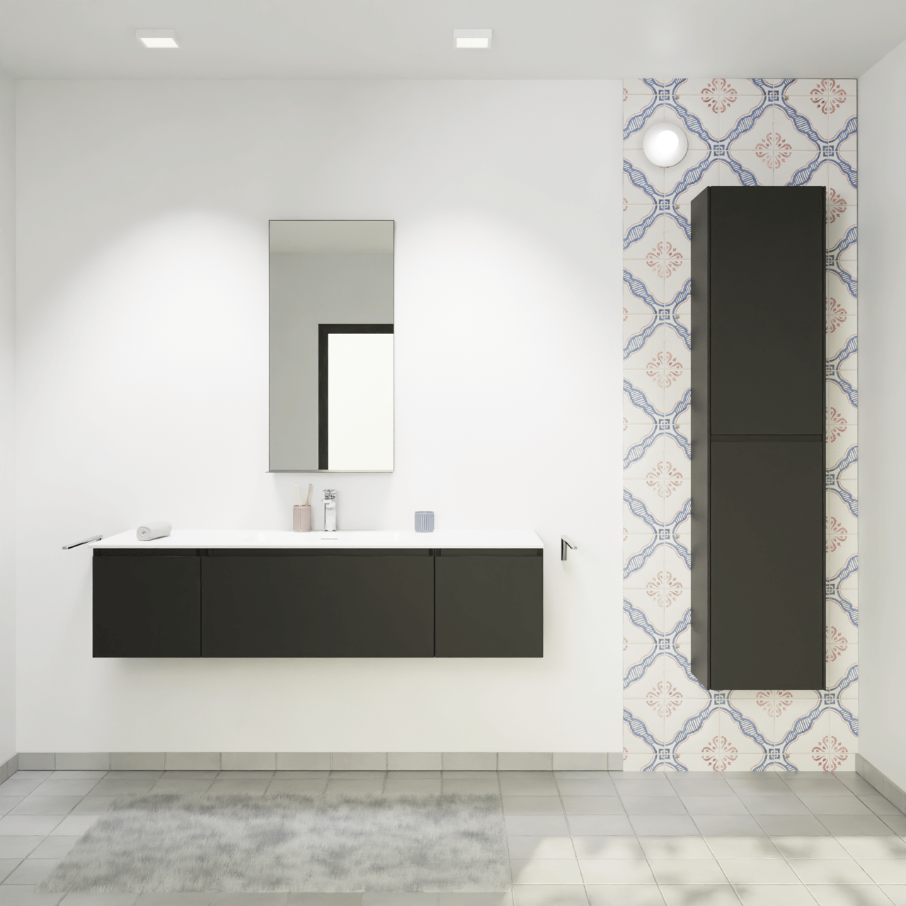 Storke Edge zwevend badkamermeubel 145 x 52 cm mat zwart met Mata enkele wastafel in solid surface mat wit