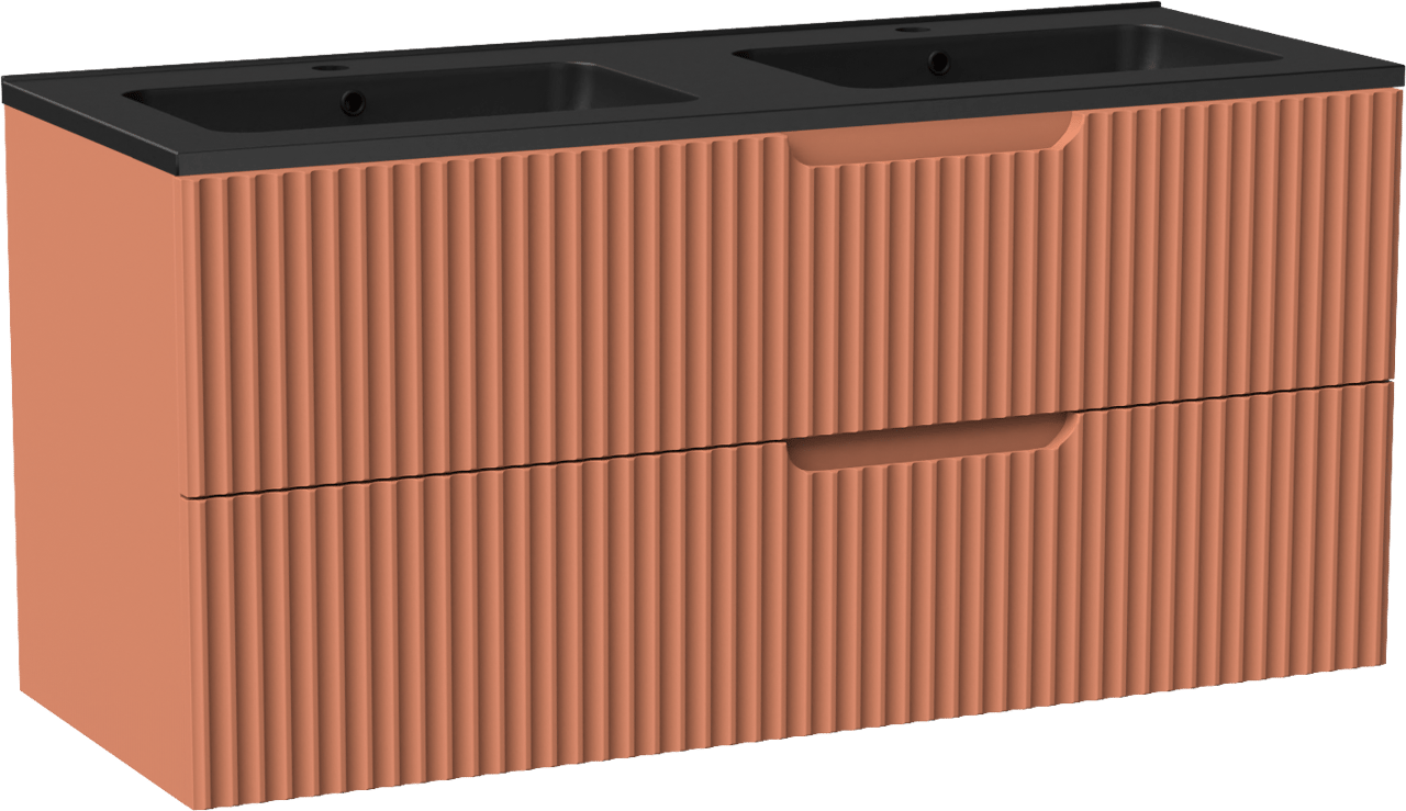 Linie Ribbo zwevend badmeubel 120 x 46 cm cotto met Vano dubbele wastafel in composietmarmer mat zwart, Verticale symmetrische ronde ribbel