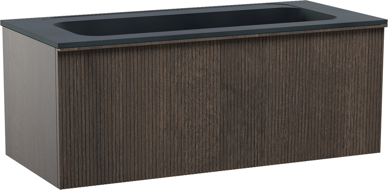 Balmani Forma zwevend badkamermeubel 120 x 55 cm gerookte eik met Tablo Strada enkele wastafel voor 2 kraangaten in composietmarmer mat zwart, Verticale symmetrische rechte ribbel
