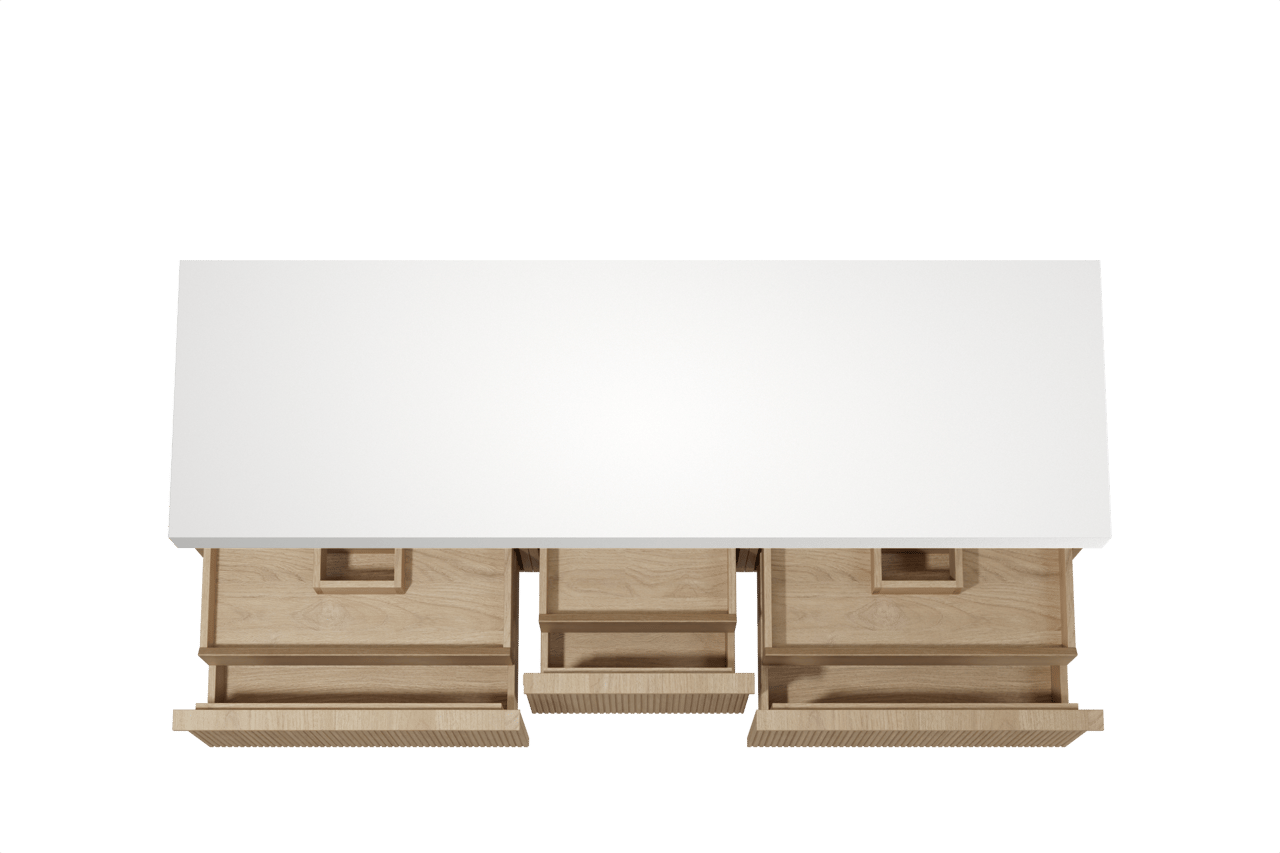 Balmani Forma hängendes Möbelstück Set: 180 x 55 cm, Naturbelassene Eiche, mit Dominus Einzel- oder Doppel Waschtischplatte, Solid Surface, Weiß matt, Vertikale symmetrische gerade Rippe