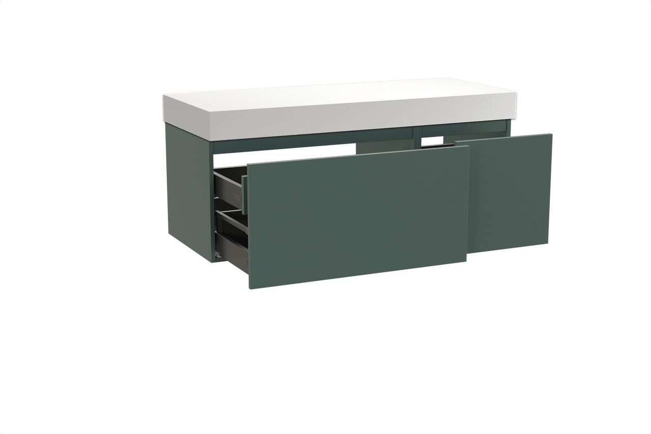 Balmani Sfera by Lucida zwevend badkamermeubel 135 x 55 cm forest met Dominus enkel of dubbel tablet in solid surface mat wit