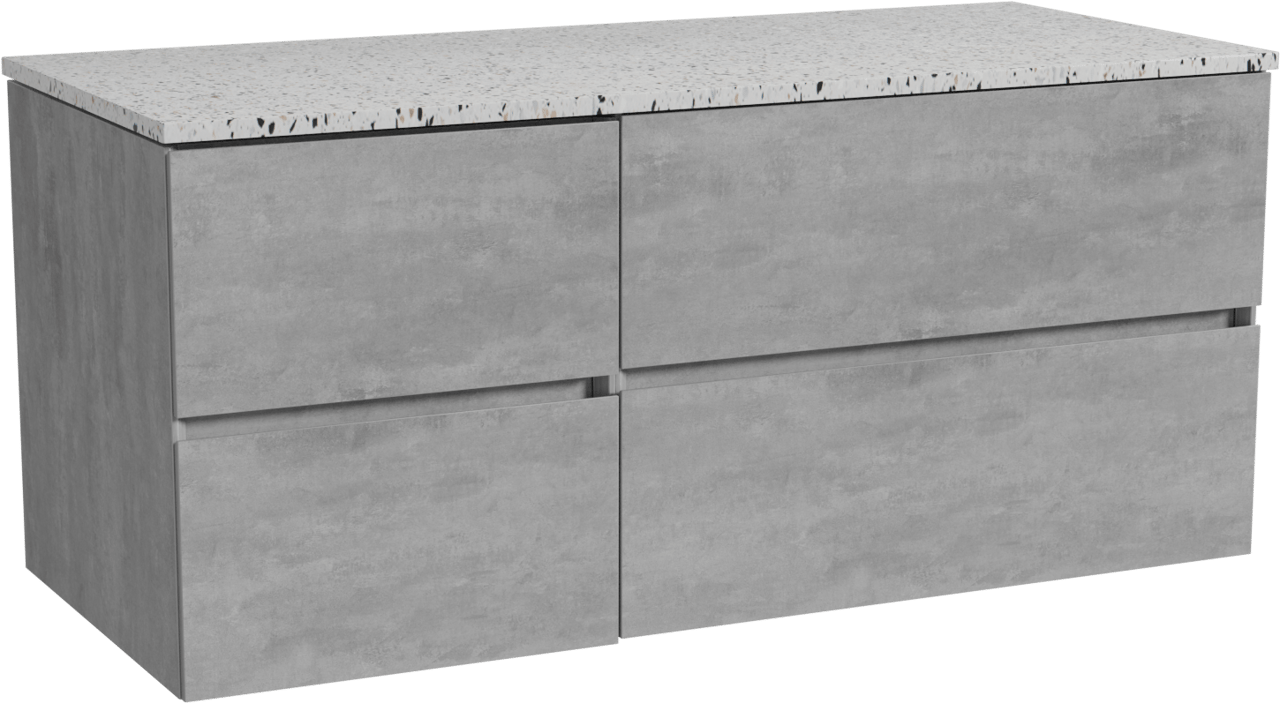 Storke Edge meuble salle de bains suspendu 120 x 52 cm béton gris foncé avec Tavola tablette simple ou double en blanc/noir mat terrazzo