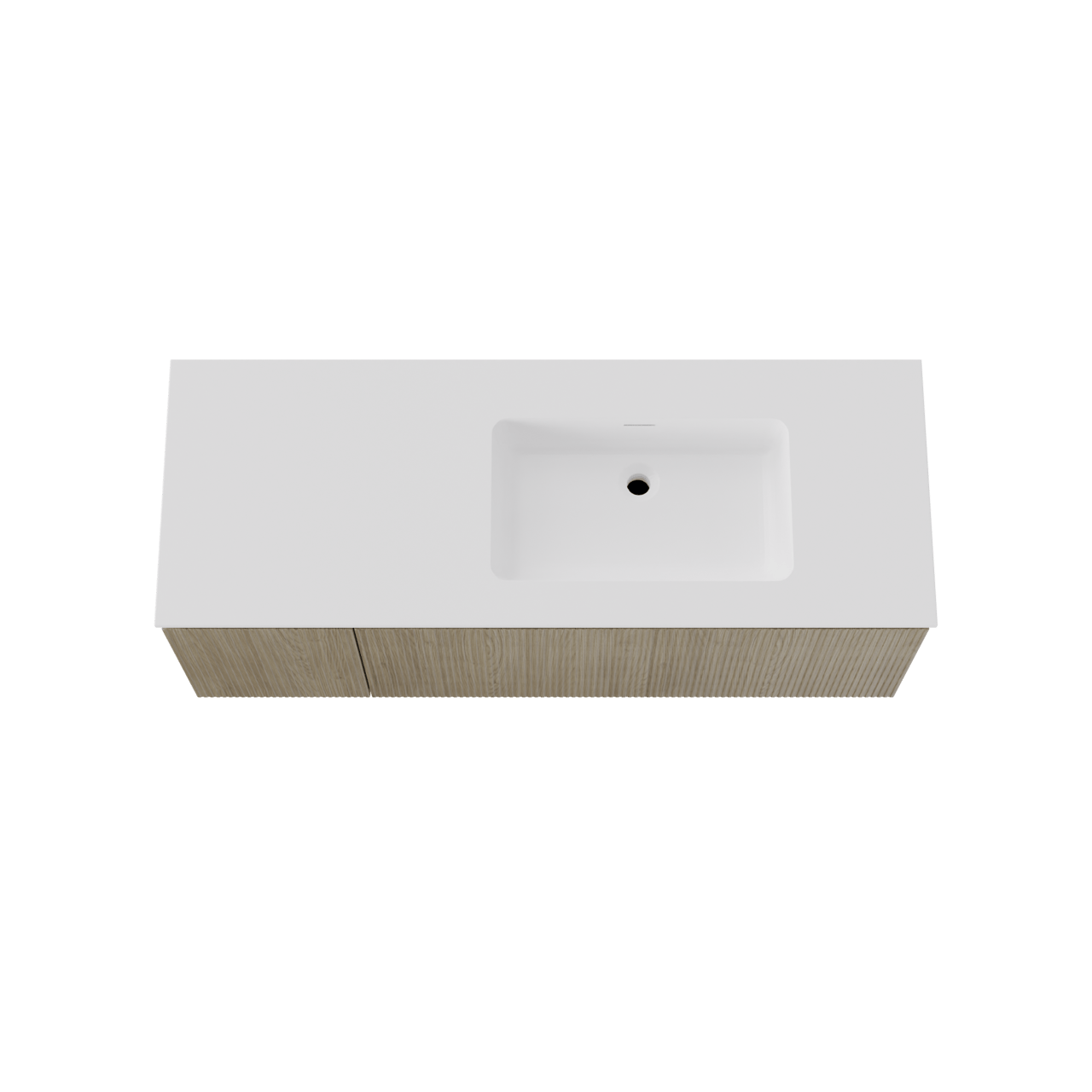 Storke Ribs zwevend badmeubel 140 x 52 cm ruw eiken met Mata asymmetrisch rechtse wastafel in solid surface mat wit, Verticale symmetrische rechte ribbel