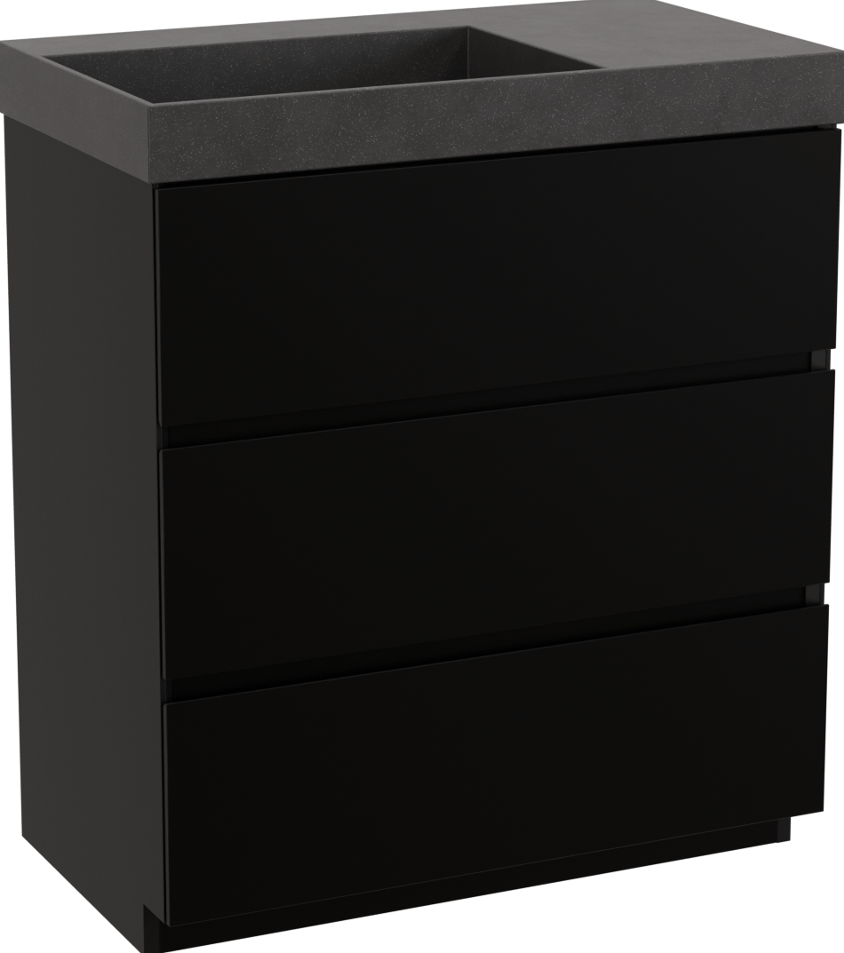 Storke Edge freistehendes Möbelstück Set: 80 x 46 cm, Schwarz matt, mit Jura Waschtisch links, Quarz Schwarz matt