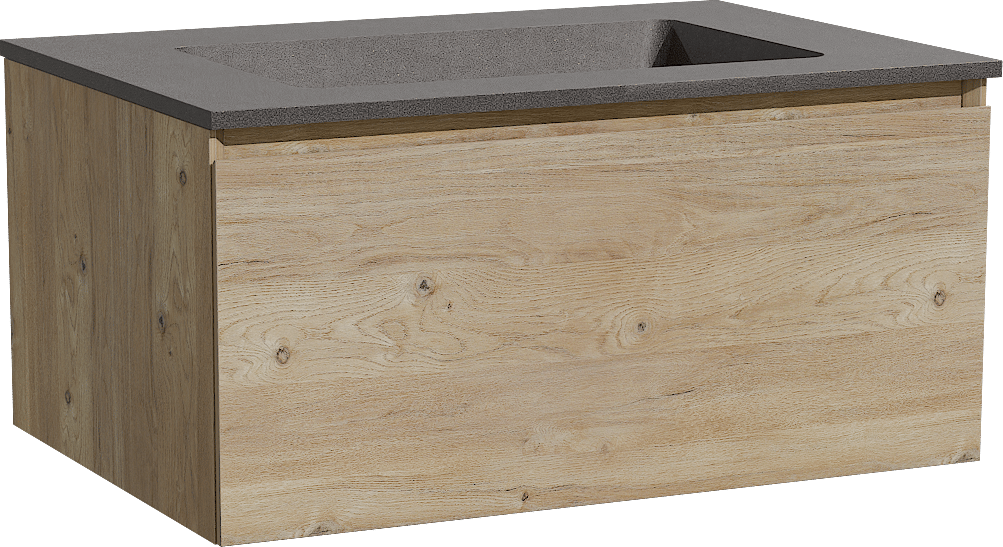 Storke Edge meuble salle de bains suspendu 75 x 52 cm chêne brut avec Scuro plan simple en quartz noir mat