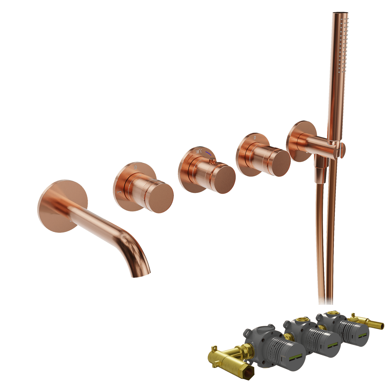 Blaufoss Pavilion Inbouw badkraan thermostatisch Brushed Rosegold Incl. handdoucheset incl. inbouwelement
