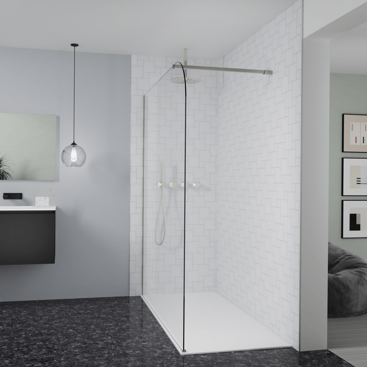Balmani Modular Walk-In Dusche: 180 x 200 cm, Klarglas abgerundet, Profil Brushed CoolMetal