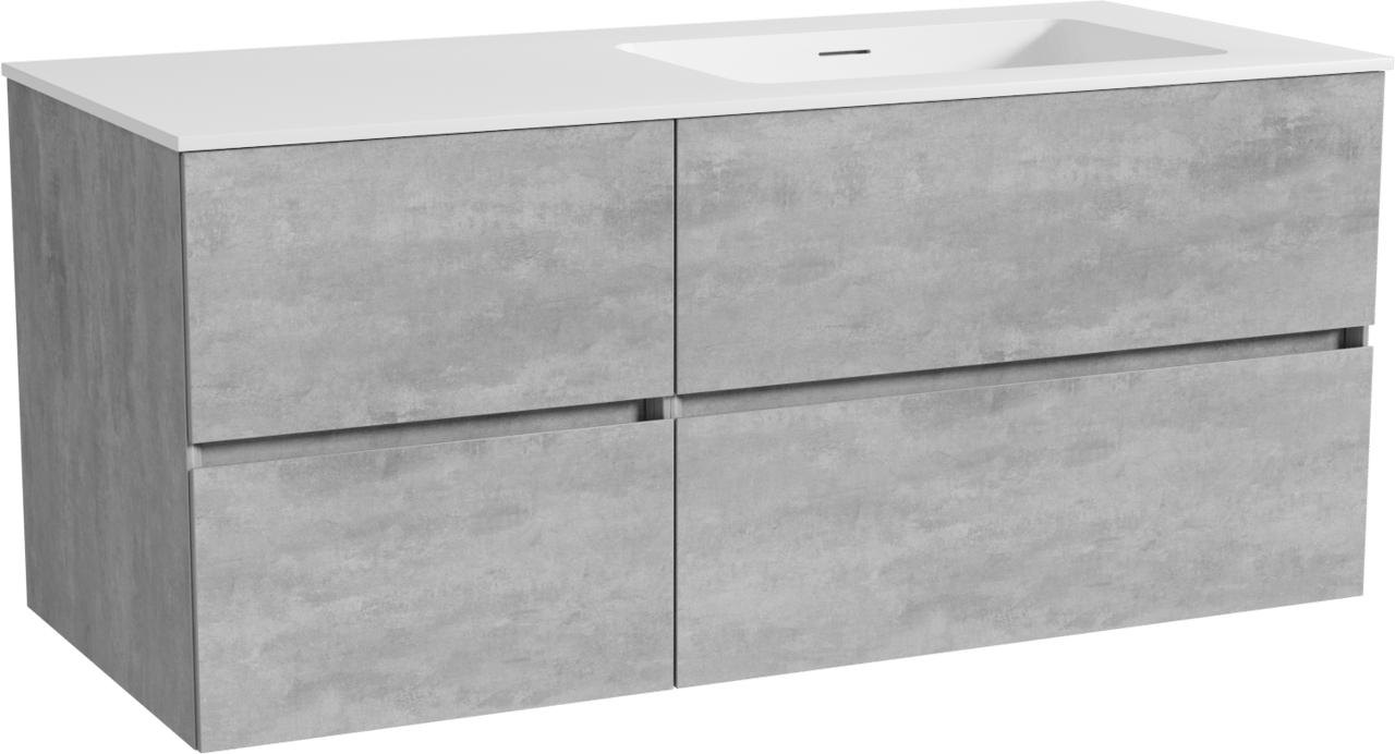 Storke Edge zwevend badkamermeubel 120 x 52 cm beton donkergrijs met Mata asymmetrisch rechtse wastafel in solid surface mat wit